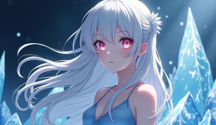 anime art style, female teenager character, white long hair, light pink eyes, pale skin, light blue dress, superiority look, superb expression, ice dark background