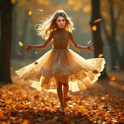 ultra-high quality, ultra-detailing, cinematic style, photorealism, forty-year-old autumn-woman with golden hair and eyes in a translucent dress that consists entirely of only many millions of autumn translucent and falling leaves from trees, the girl is s...