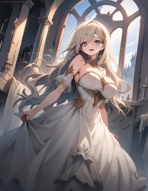 ((((masterpiece)))), ((((Best Quality)))), High resolution,4K,8k,Abandoned castle,whole body,fine grain,Detailed face,vampire,Curvy,High resolution,dress, action、so beautiful、Beautiful Skin、Beautiful and detailed eyes、Huge breasts、