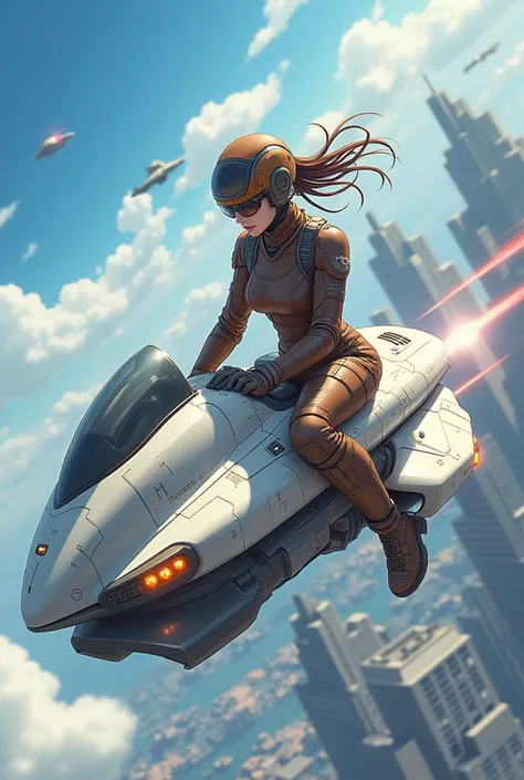 Anime artwork for female in futuristic brown military suit riding on flying white spacebike.