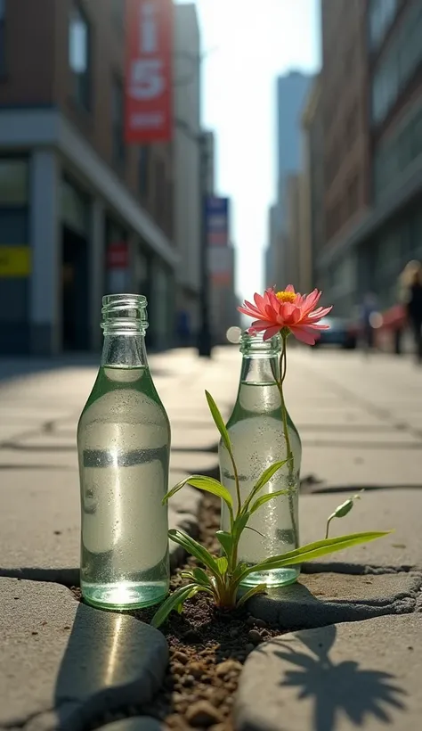 The next day, He noticed that someone else had left another bottle of water next to his, in which there was a small flower growing between the cracks in the pavement. .