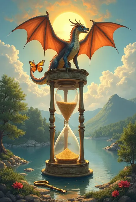 Make a drawing that contains an hourglass, a dragon, a key, a butterfly, a sun, a river.
