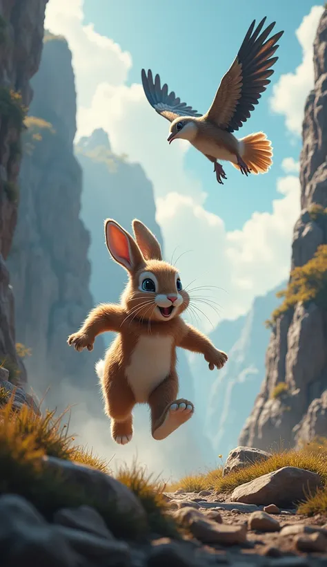 The bird starts to fall down, the rabbit moves quickly and runs to the high cliff and jumps.

(Show the rabbit jumping quickly and reaching for the bird.)
