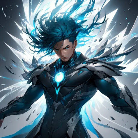 a male figure, intense expression, skin emitting shards, layers of energy, dark color palette, deep silvers, blacks, bright teal accents, explosive lines, teal rays of light across head and shoulders, dramatic lighting, strong shadows, dynamic movement, st...