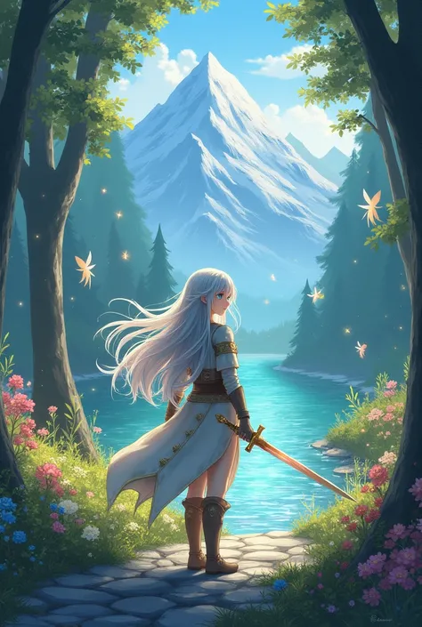 Imagine a scene from an anime set in a magical forest at dawn.. in the center, a young warrior with long, silver hair, wearing light armor with floral details, holds a glittering sword. Your eyes are deep blue, reflecting the soft sunlight that begins to p...