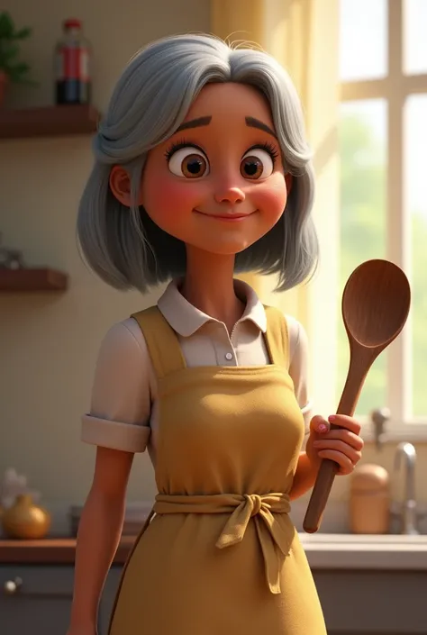 black woman with straight hair about 60 years old wearing an apron holding a wooden spoon animation other 




