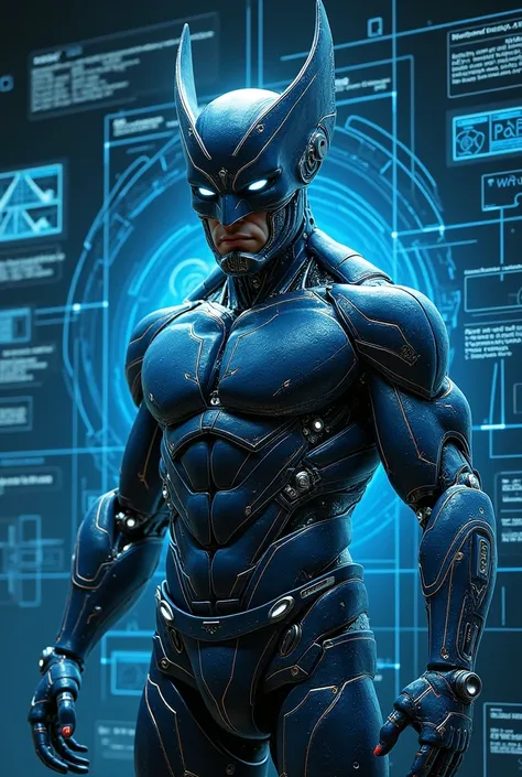 (masterpiece:1.2,Exceptional Quality,mirror-like,Cinematic Experience,Photorealistic:2.0,RAW Photos:2.0,Super detailed),8k,wallpaper,(Representing blueprints through holograms:2.0),(Wolverine:2.0),Wolverine Cyborg,(Design of a Cyborg:2.0),(Draw the front v...