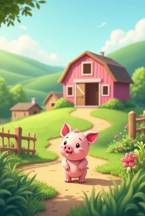 Green farm background with pink barn and cute little pig in front of the barn