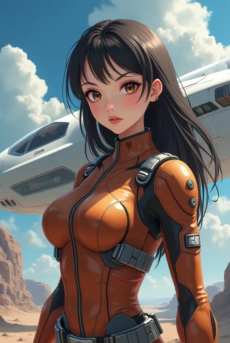 highly detailed anime style, 1girl, futuristic brown military suit, flying white space vehicle, realistic, photorealistic, 8k, hyperrealistic, intricate details, volumetric lighting, dramatic lighting, cinematic composition, vibrant colors, glossy reflecti...