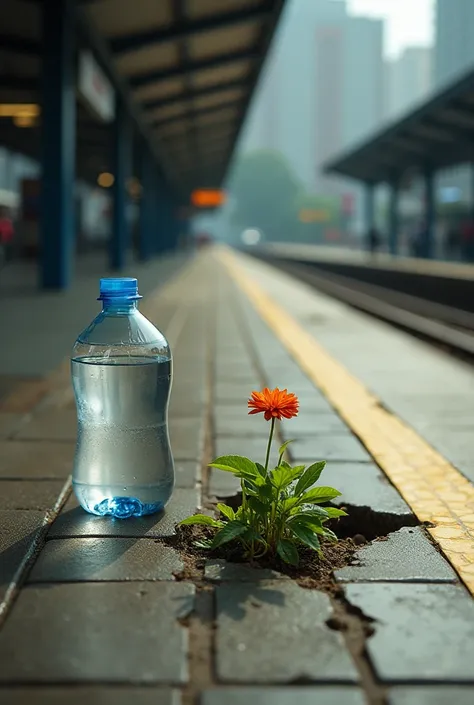 The next day, He noticed that someone else had left another bottle of water next to his, in which there was a small flower growing between the cracks in the pavement at the train station..
