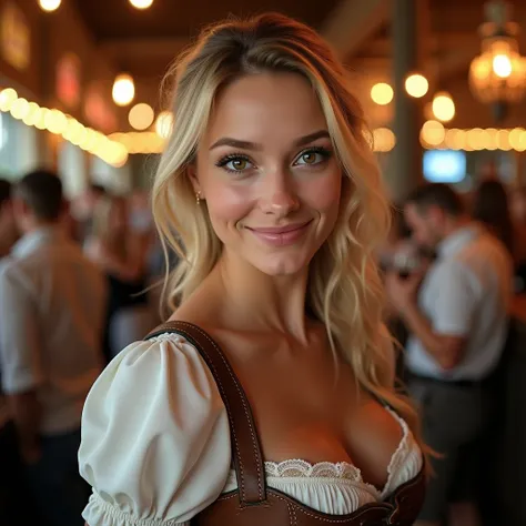 hyperealistic photo A full body shot of a beautiful blonde woman, wearing a traditional German dirndl leather corset with intricate lace details. She has brown eyes and a warm smile, conveying a sense of welcoming hospitality. The background features a coz...