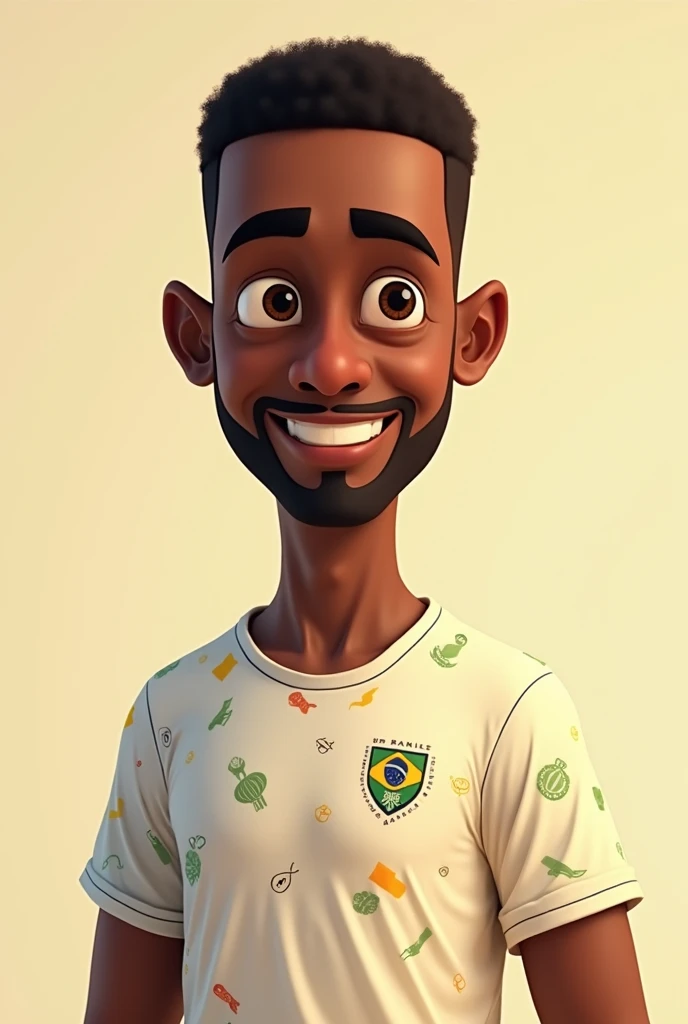 man, middle age, afro descent, short trimmed hair, don&#39;t have a beard or mustache, wearing a plain print t-shirt, with elements that refer to Brazilian culture, Pixar style, looking at camera, photo for social network profile, 