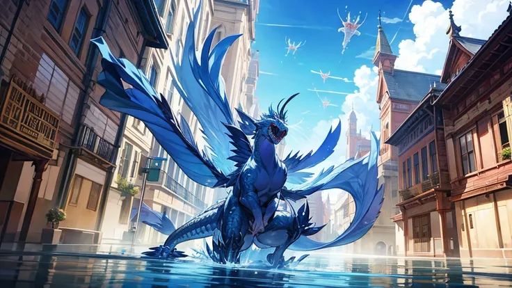 Huge、Transparent water dragons hover above gang buildings