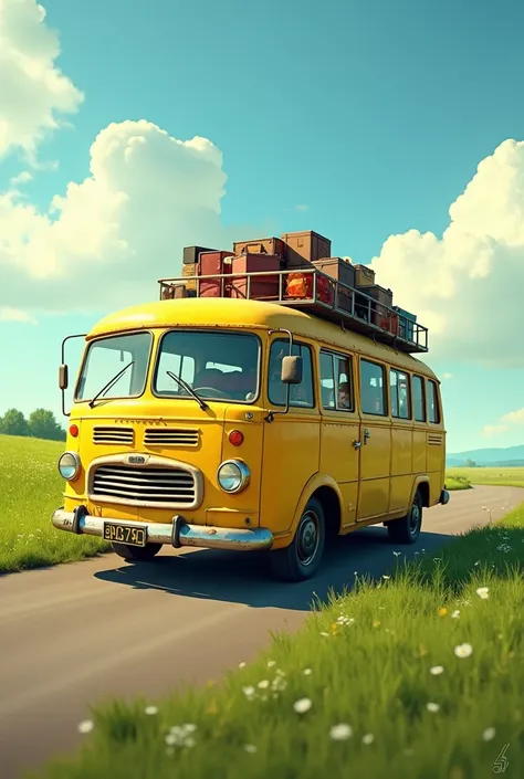 Bright yellow old bus with luggage rack on top full of luggage leaving full of people in a green meadow towards the horizon on a paved street