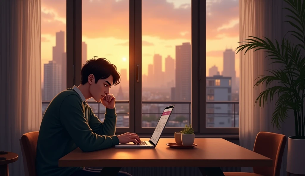 A cozy apartment scene at dusk, with soft light filtering through large windows, illuminating the room filled with modern furniture. A young man in his early 30s, with short dark hair and brown eyes, sits at a wooden table, focused on his laptop. He has a ...