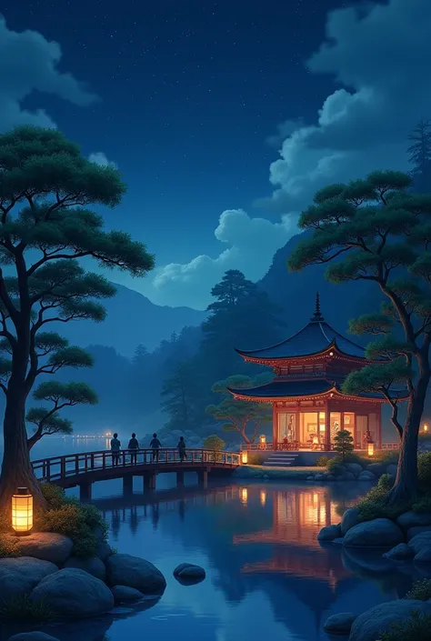 A nightscape inspired by Japanese art, with a garden lit by paper lanterns and a wooden bridge over a tranquil lake. The starry sky is reflected in the water, creating a magical environment. On the shore of the lake, there is a small Zen temple lit by cand...