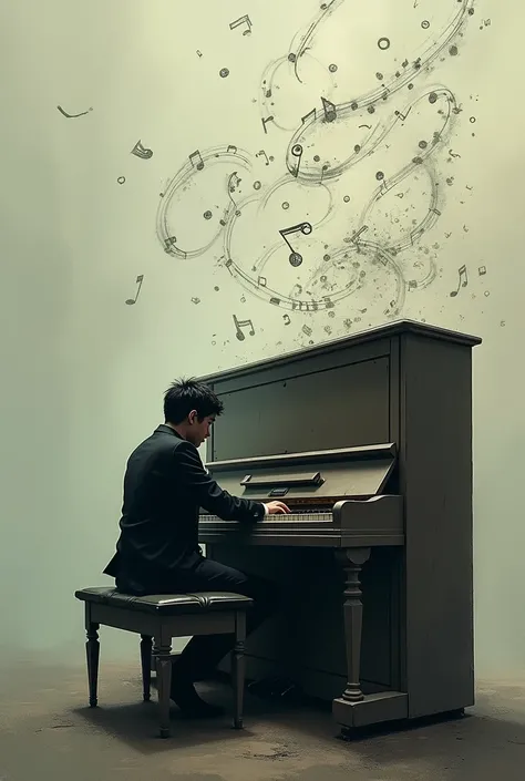 A sad piano with music notes around it