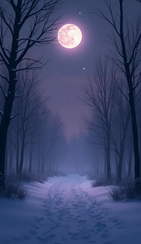 A dark winter evening with snow gently falling from a violet and indigo sky. The silhouette of leafless trees is barely visible through the mist, and the ground is softly illuminated by the moonlight reflecting on the snow.