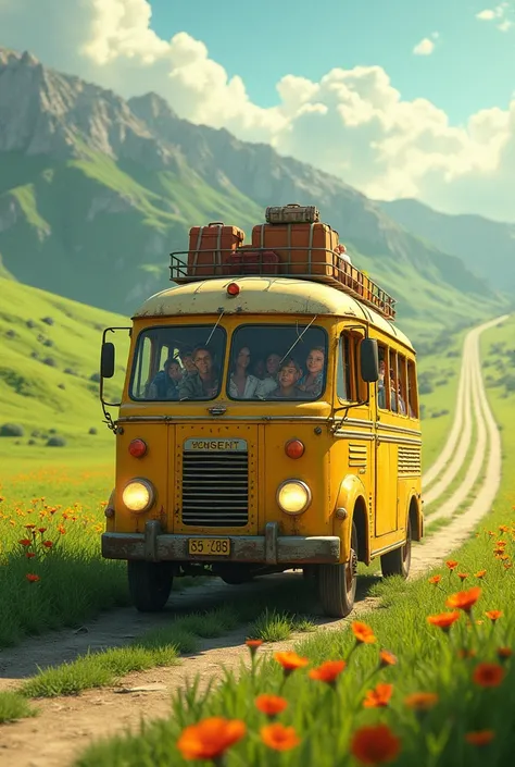 Bright yellow old bus with luggage rack on top full of luggage leaving full of people in a green meadow towards the horizon on a paved highway