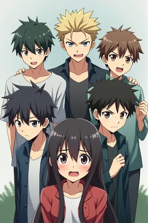 Anime format image, 5 boys and 1 , angry personality, Tranquil, boring, stressed, bored,and jealous 