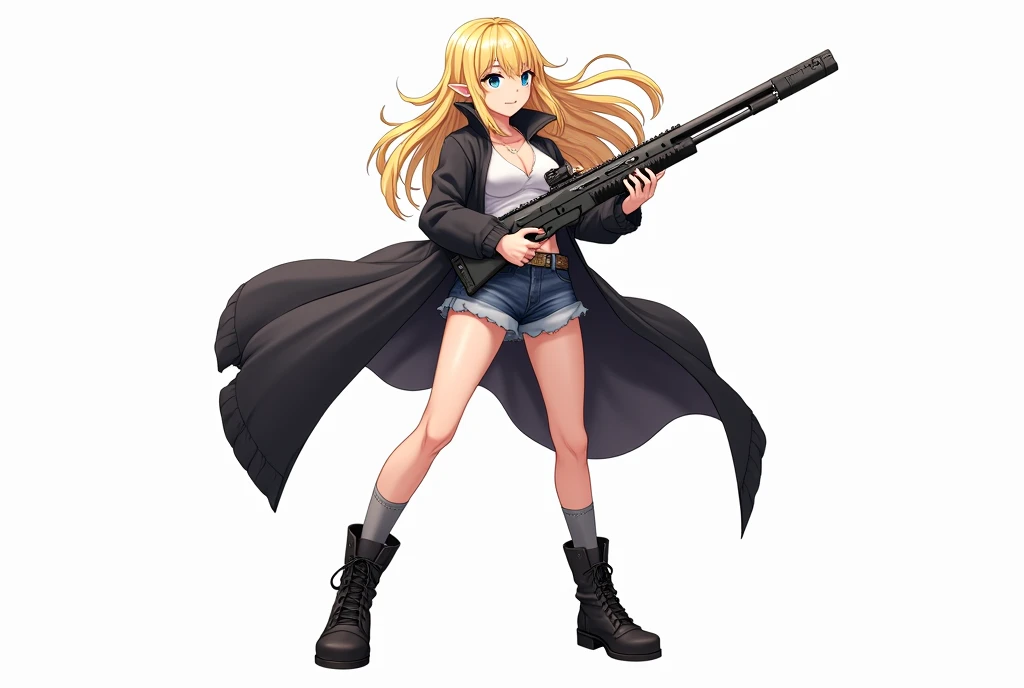 Make it in anime style and with a white background, a beautiful woman with blond hair and elf ears, she wears a shirt that shows her belly, and on top he wears a black overcoat, she wears long boots and shorts, her weapon is a grenade launcher, she wears l...