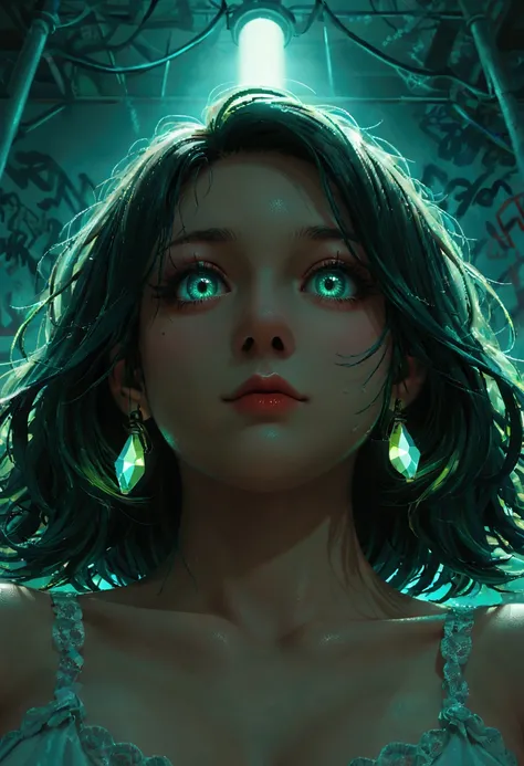 The image is a portrait of a womans face and upper body. Neon Graffiti, Pixel Art, Luminescence, RGB Lighting, Low Angle, Beige Color, Teal Color, Prism Effect, Ceramic, Supernatural, By Garald Brom