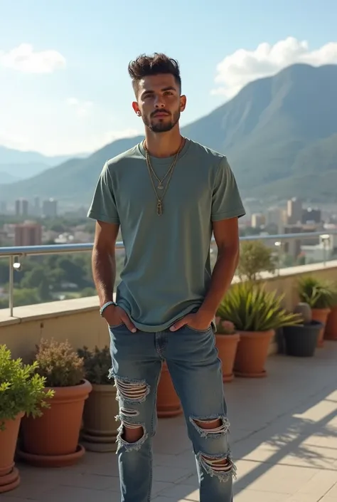 A handsome young man from Monterrey  . street wear. terrace. Cerro de la Silla in the background. foreground 