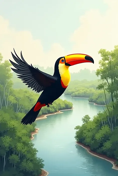 A toucan flying over the Pantanal in Mato Grosso, it has to be in watercolor style, as if it had been painted on a canvas