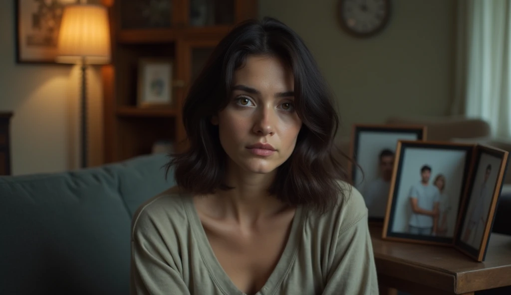 A young woman in her late 20s, with shoulder-length dark hair and expressive hazel eyes, sits on a sofa looking contemplative. The room is softly lit, with a slight shadow casting over her face, emphasizing her concern. A photo of her and her husband sits ...