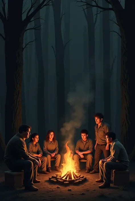 Serious people sitting around a campfire 