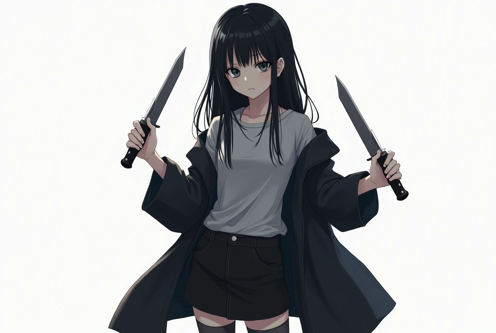 Make an image in anime style with a white background, of a woman with long, straight, black, messy hair that covers part of her face, she has extremely pale skin, and has slight dark circles, She wears an open black coat with a gray t-shirt underneath, she...