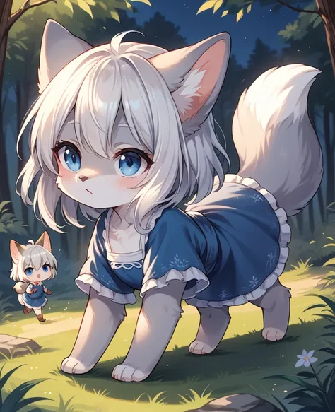 little fox, feral, gray fur, silver fur, blue eyes, white hair, girl, blue dress, cute fox, cub, running in all fours on the for...