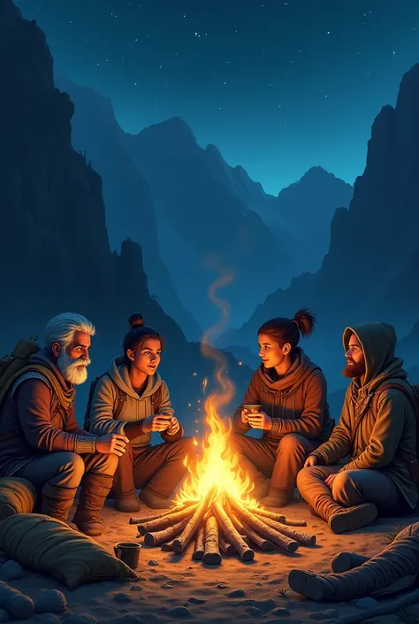 Adventurers sitting around a campfire 