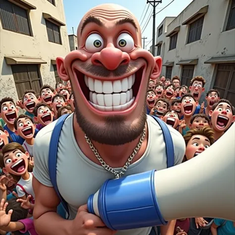 A muscular, bald man with a wide grin holds a blue megaphone, leaning towards the camera. Behind him, a large crowd of diverse, animated children and adults, all with oversized heads and exaggerated facial expressions, cheer and shout excitedly. The backgr...