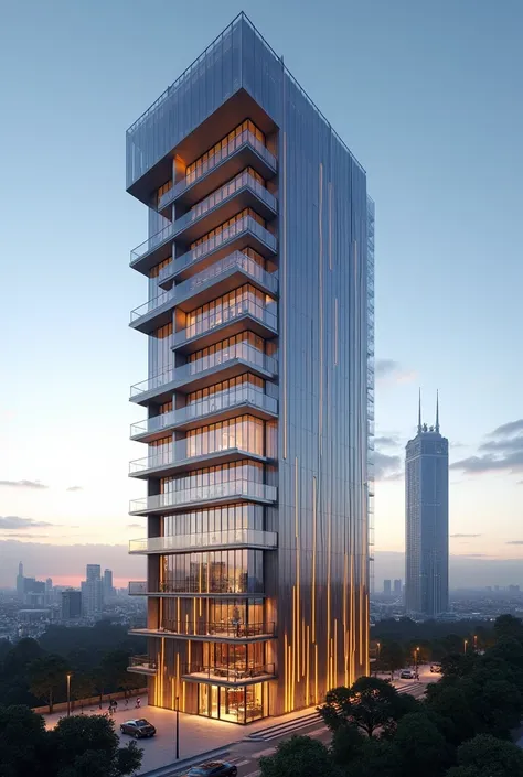 ### **design of a modern tower-shaped residential complex**:
a 20-story residential complex, resembling a skyscraper, characterized by an elegant and contemporary design with a touch of luxury. the streamlined lines give the building a majestic presence, w...