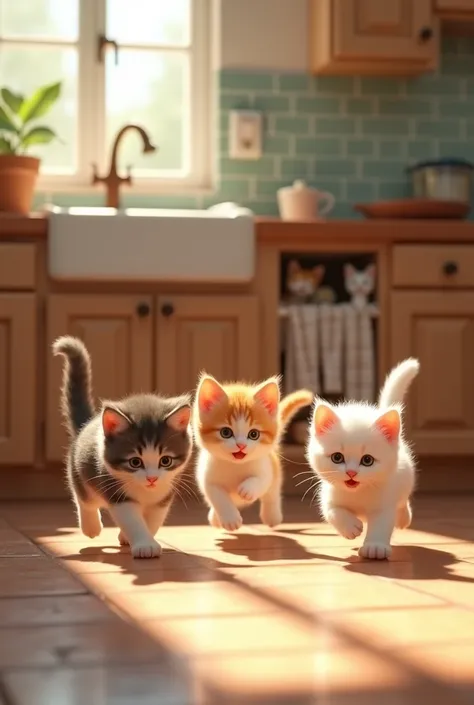 Make the most beautiful innocent image of kittens playing at kitchen 