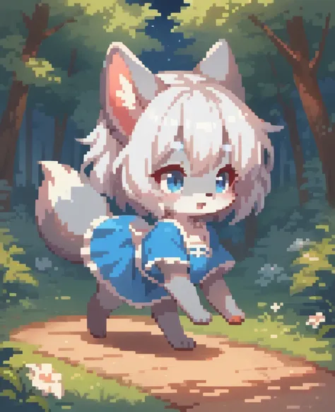 little fox, feral, gray fur, silver fur, blue eyes, white hair, girl, blue dress, cute fox, cub, running in all fours on the forest, night, chibi