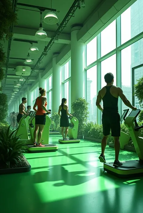 Gym called Electric Force which has innovative machines that allow you to create electrical energy through the effort and movement you generate in the machine. The place is very environmentally friendly and the color green predominates.