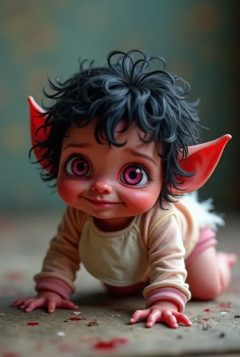 a small, red-skinned demon imp boy. pink swirling eyes as though hypnotized, crawling, in a thick diaper covered by some full-body pastel pajamas and a bib, fluffy black hair, and a sheepish-drooly smile