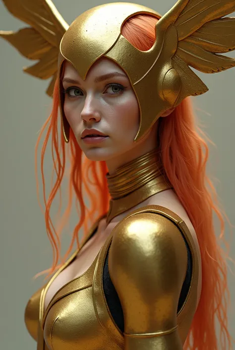 A woman with pale red hair and a gold prosthesis on her right arm.  Wears a golden helmet with wings that covers the eyes without wings