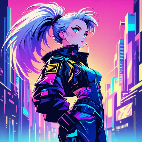 beautiful woman with platinum hair in ponytail, blue eyes, cyberpunk outfit, neon lights on skin, posing looking right side, colorful futuristic blue sky tropical city background, bright colors, retro filters, simple details, colourful art, digital art, fa...