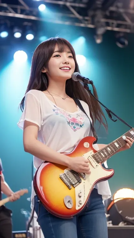 美しいJapanese女性, ((A beautiful woman playing an electric guitar on an outdoor stage at a festival:1.2)), Gibson Les Paul, Sunburst, Daytime outdoor concert, audience, Large crowd, (Highest quality, 8k, masterpiece:1.2, RAW Photos), (Real:1.2) Japanese, (Idol...