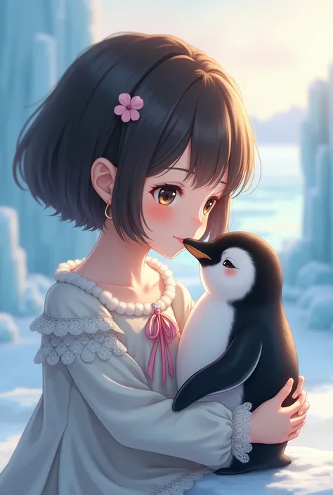 Anime girl with short dark brown hair hugging a baby penguin 
