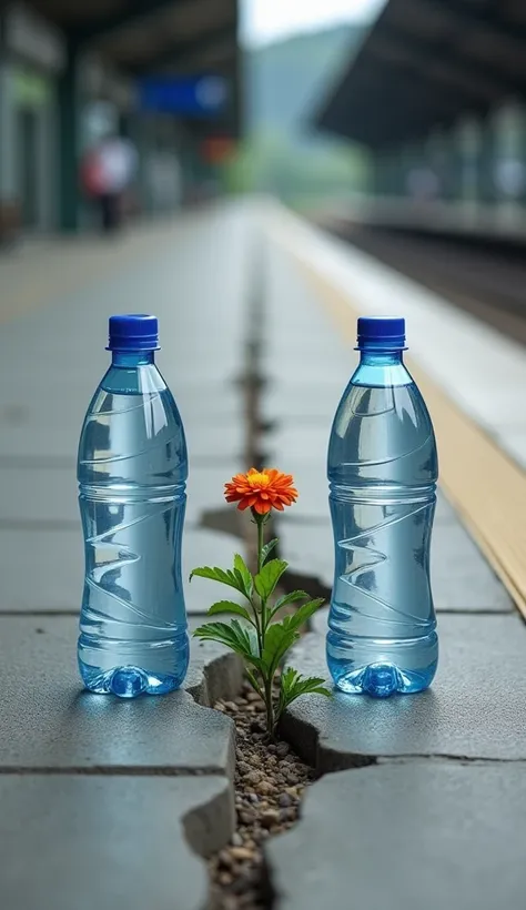 On the left side was a bottle of water and on the right side was another bottle and in the middle was a small tomato-colored flower growing between the cracks in the pavement at the train station..