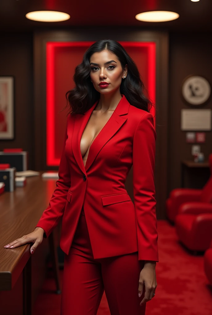 Lifestyle portrait of a powerful and entrepreneurial 2 woman, A business woman, rica, dressed in red. in your office, predominant colors red and black 