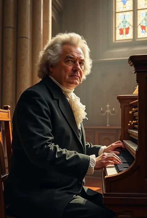 Johann Sebastian Bach composing a fugue In Leipzig in 1730 organ he seems concentrated and thinking a lot and with the haircut of the time 