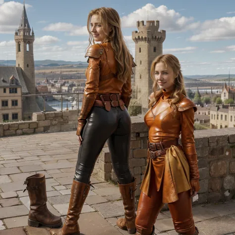 masterpiece, best quality, eyvel, armor, fingerless gloves, orange dress, belt, leather leggings, brown boots, cowboy shot, from...