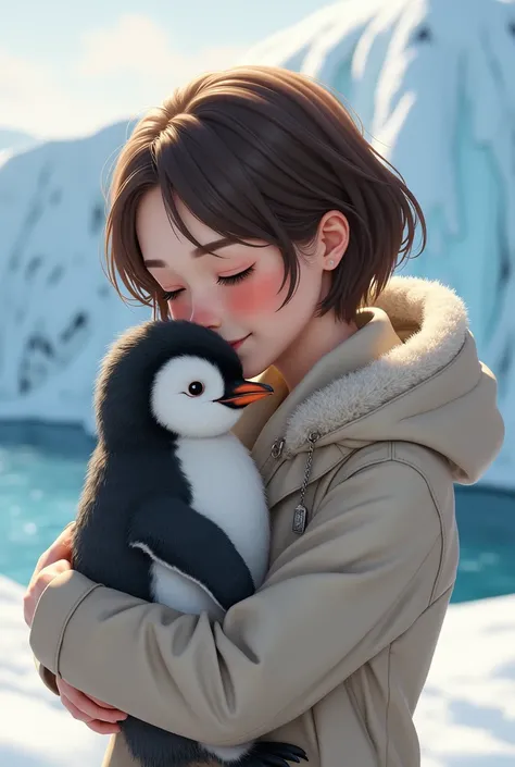 Adult girl with short brown hair hugging a baby penguin 
