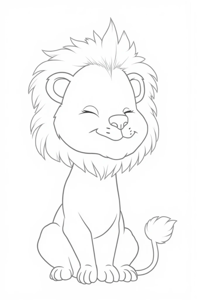 Coloring book for kid, cute Lion, zbrush style, grayscale, low detail, clean and sharp inking, thick black outlines, white background
