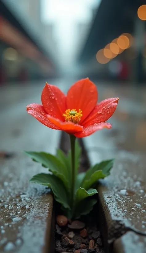 A small tomato-colored flower growing between the cracks in the pavement at the train station.